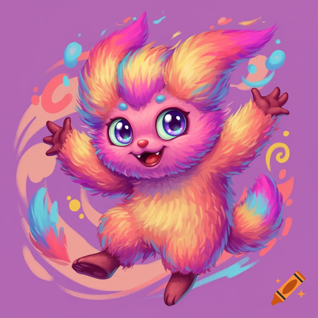 A vibrant, fluffy pink and yellow cartoon monster with big eyes jumps on a purple background with abstract shapes.