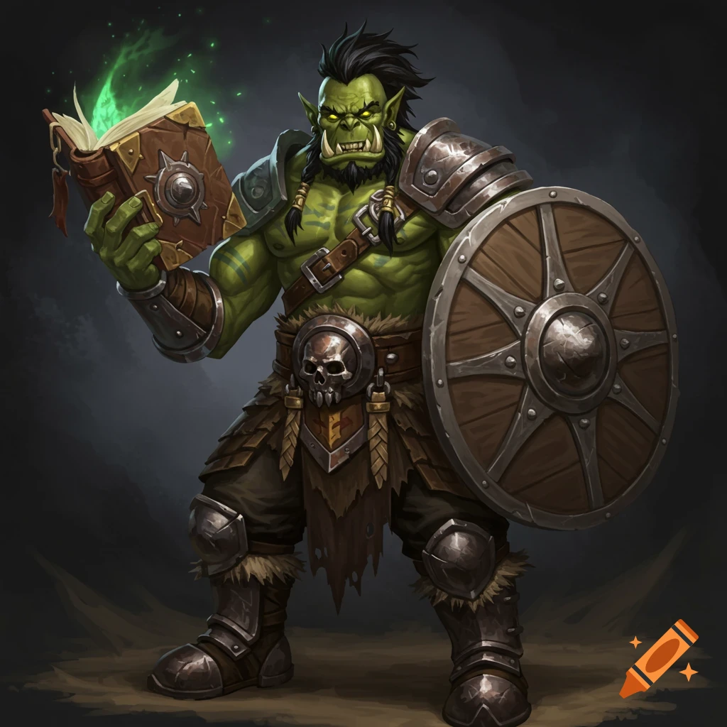 A green-skinned orc holding a glowing book and shield.