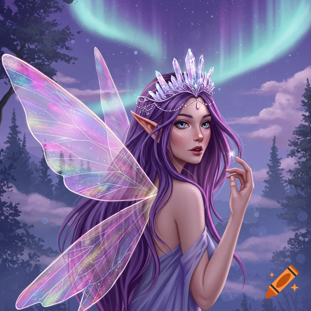 A fantasy woman with purple hair, fairy wings, and a crystal crown is depicted under an aurora.
