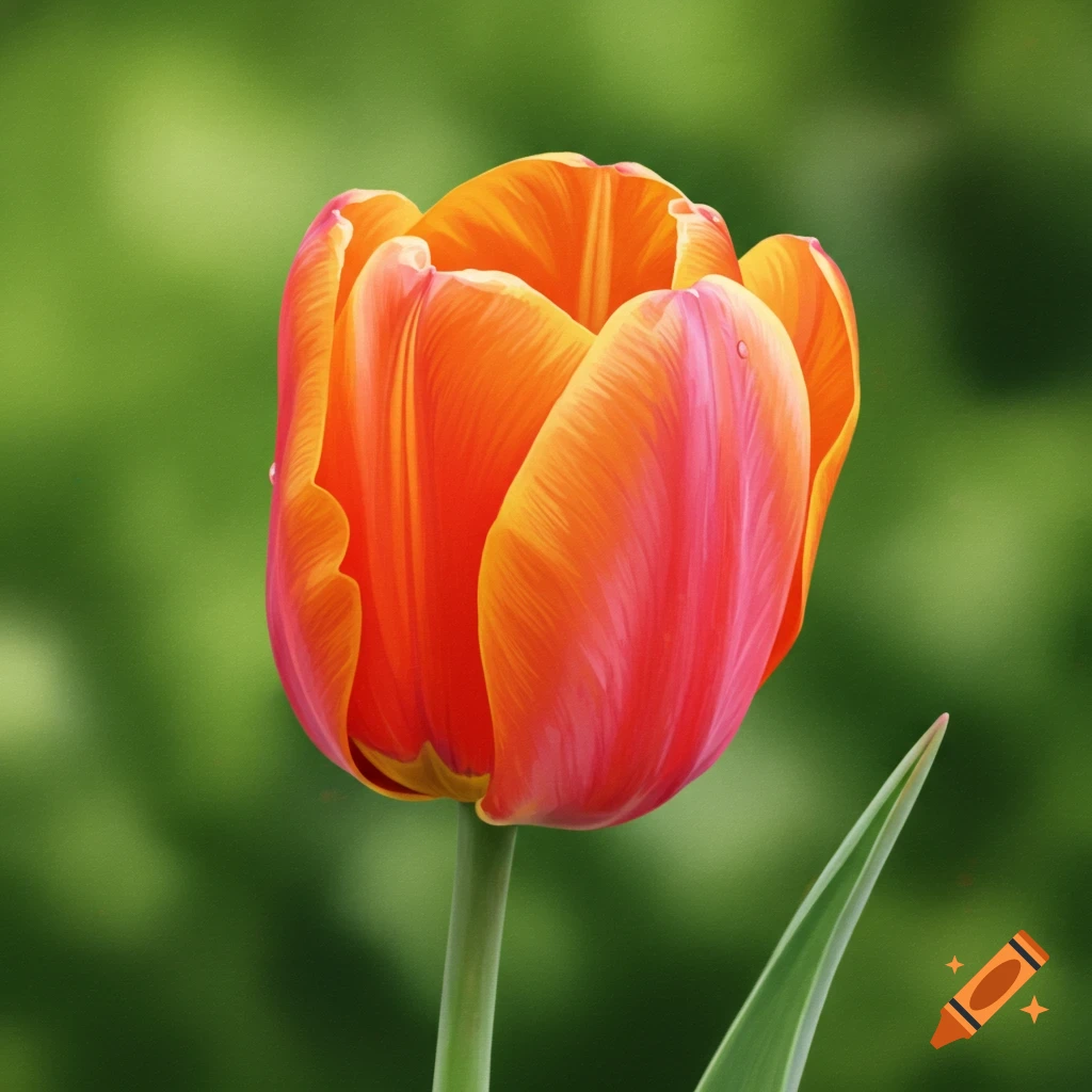 An orange and pink tulip against a green background.