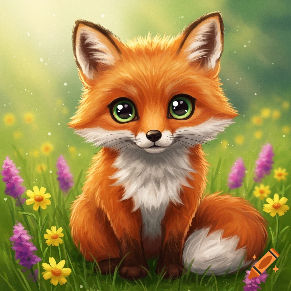 A cute cartoon fox sits in a field of colorful flowers