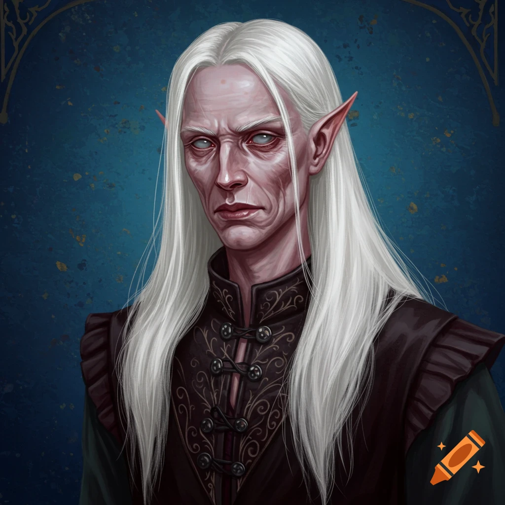 A pale male elf with long white hair and pale eyes.