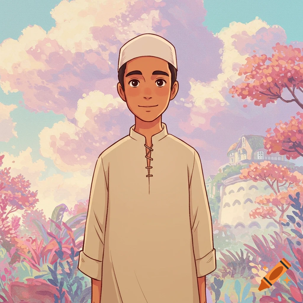 A young Muslim boy stands in a vibrant, Ghibli-style fantasy landscape.
