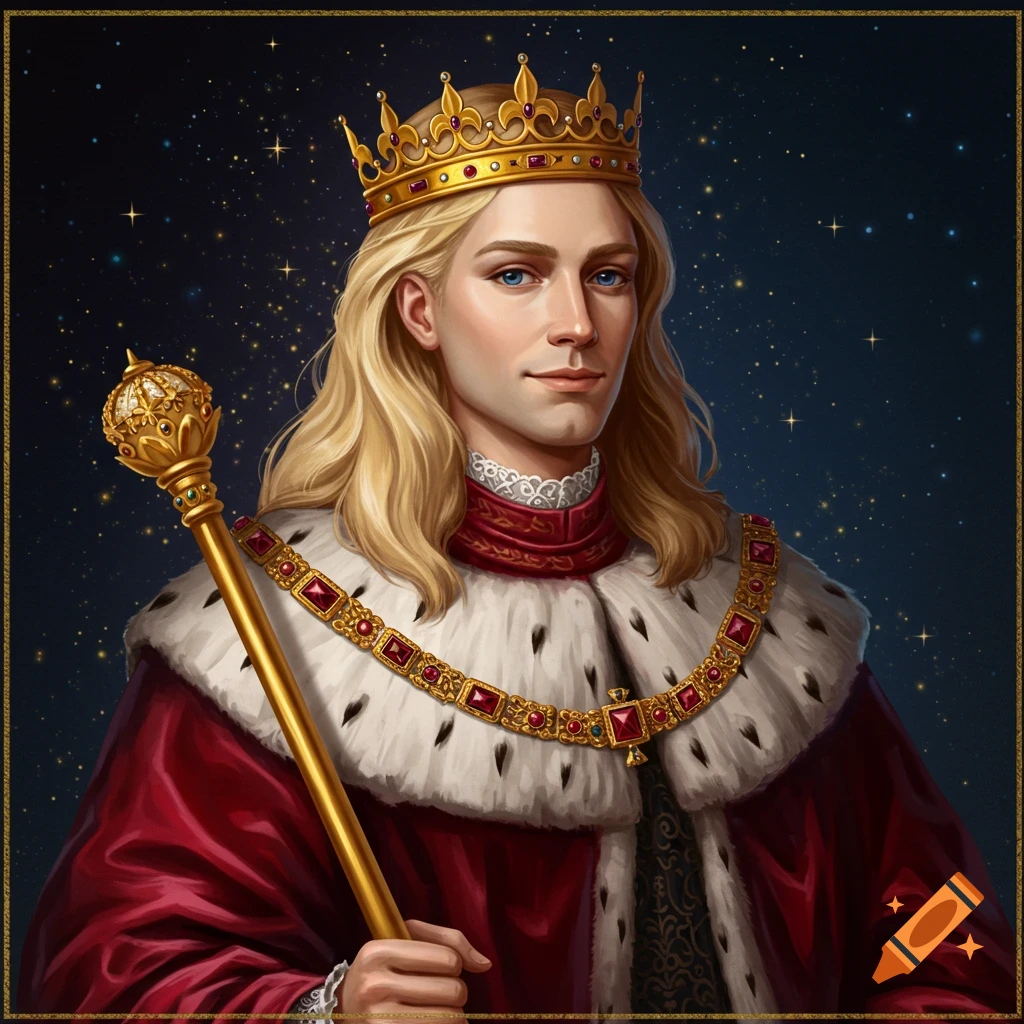 A blonde king in red royal robes, crown, and holding a scepter against a starry background.