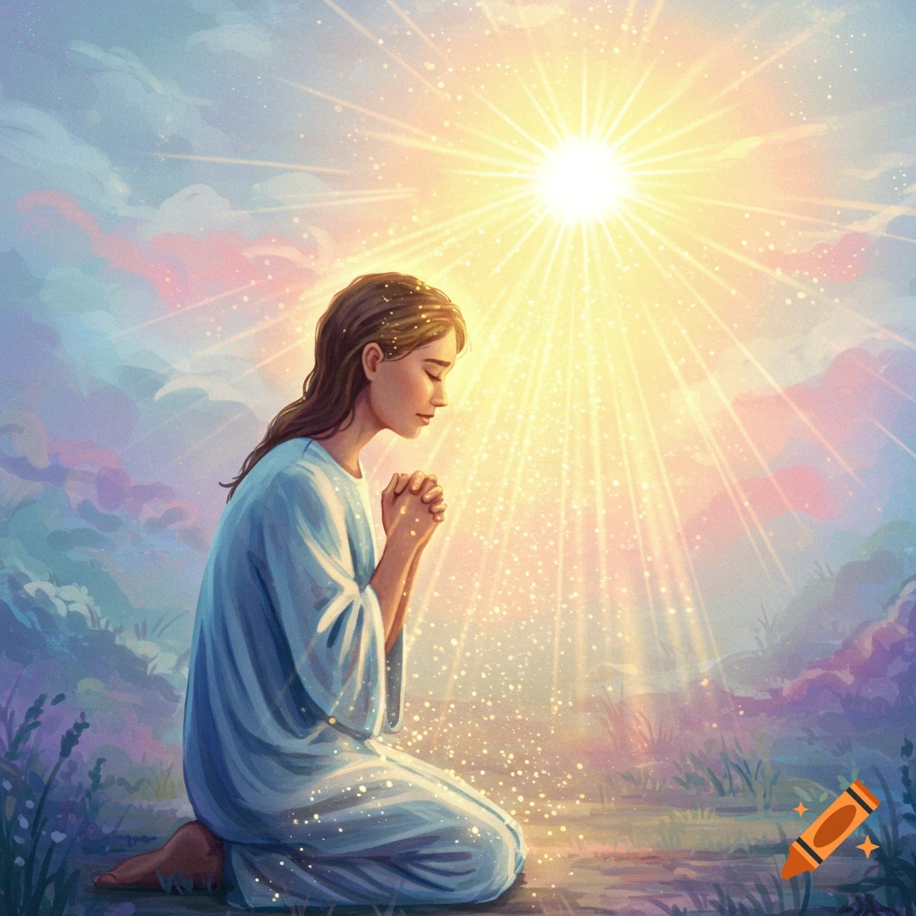 A woman kneeling in prayer, bathed in light from above.