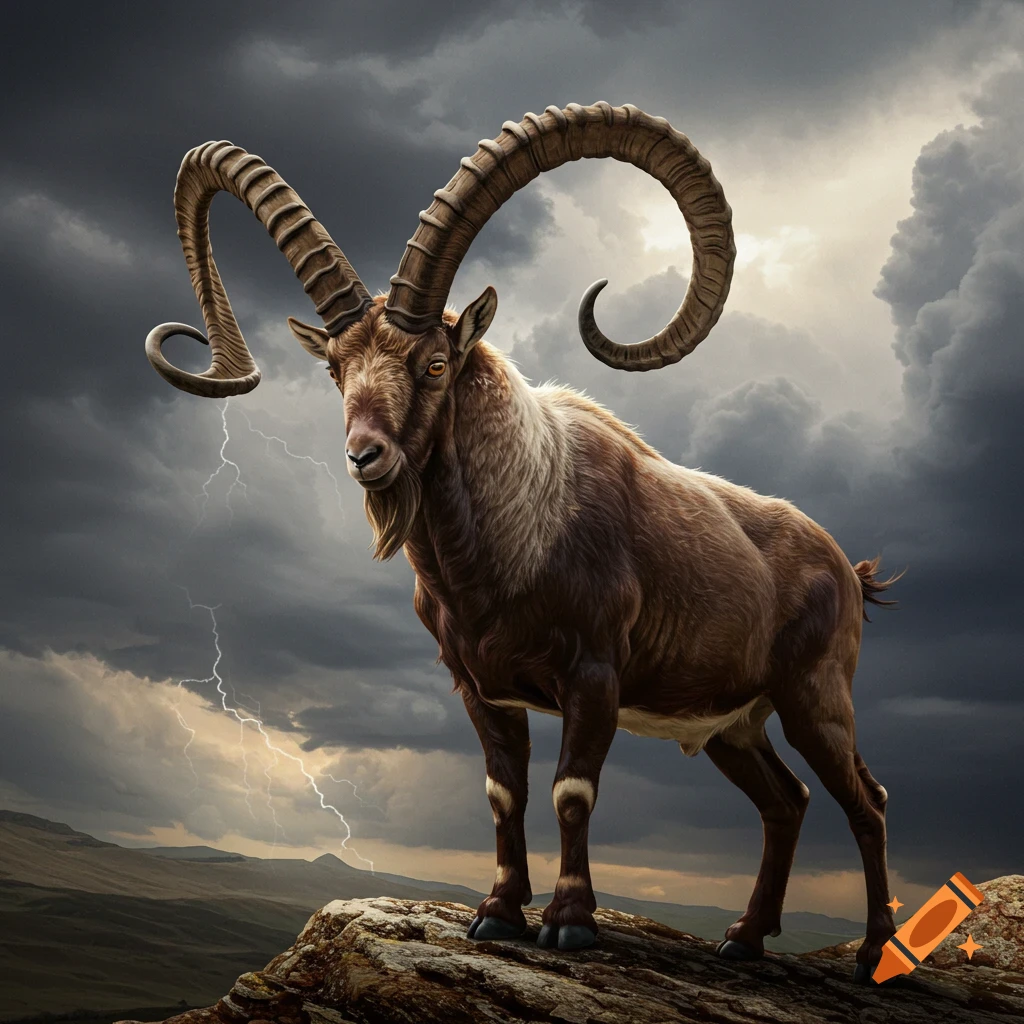 A large-horned goat standing on a rock during a lightning storm.