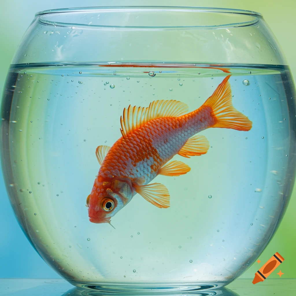 A goldfish swims in a clear fishbowl.