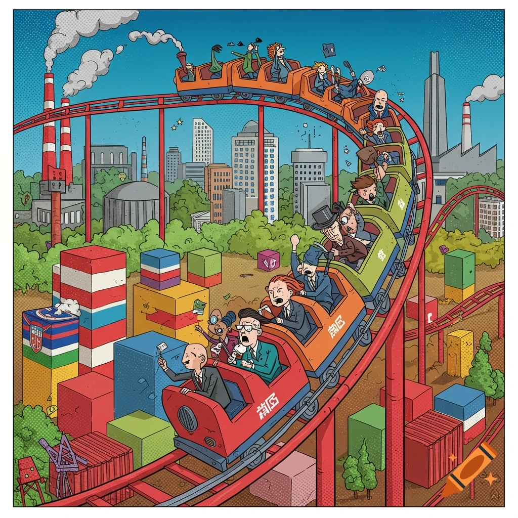Cartoon illustration of people on a rollercoaster ride through a city and industrial landscape.