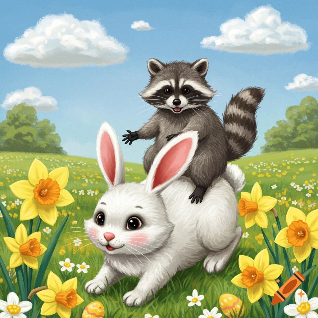 A raccoon riding on the back of a white Easter bunny in a field of daffodils.