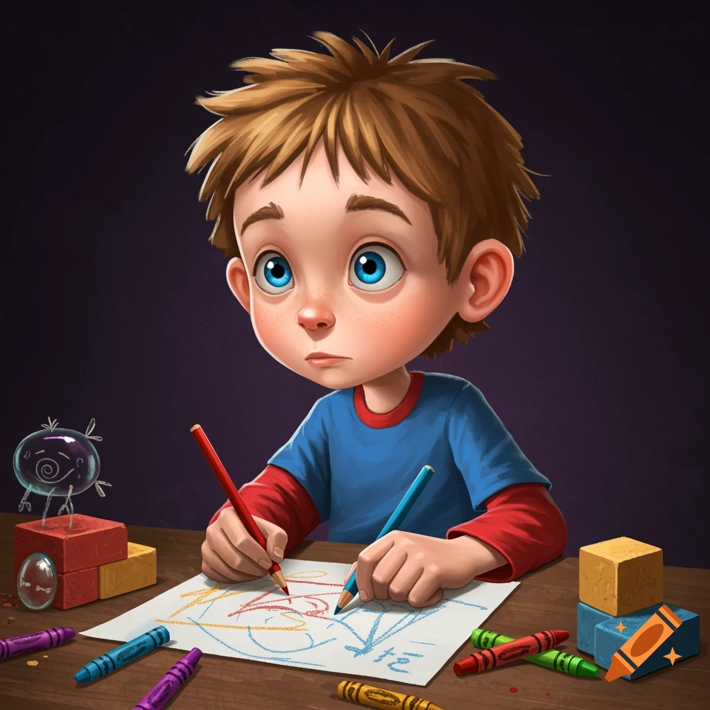 A young boy with big blue eyes draws with crayons at a table with blocks.
