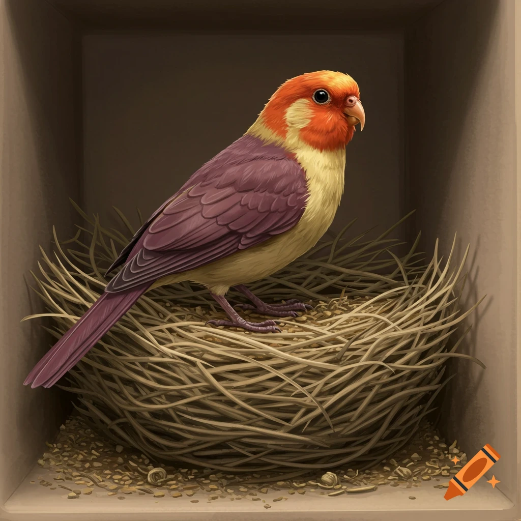A colorful bird perched in a nest inside a box.