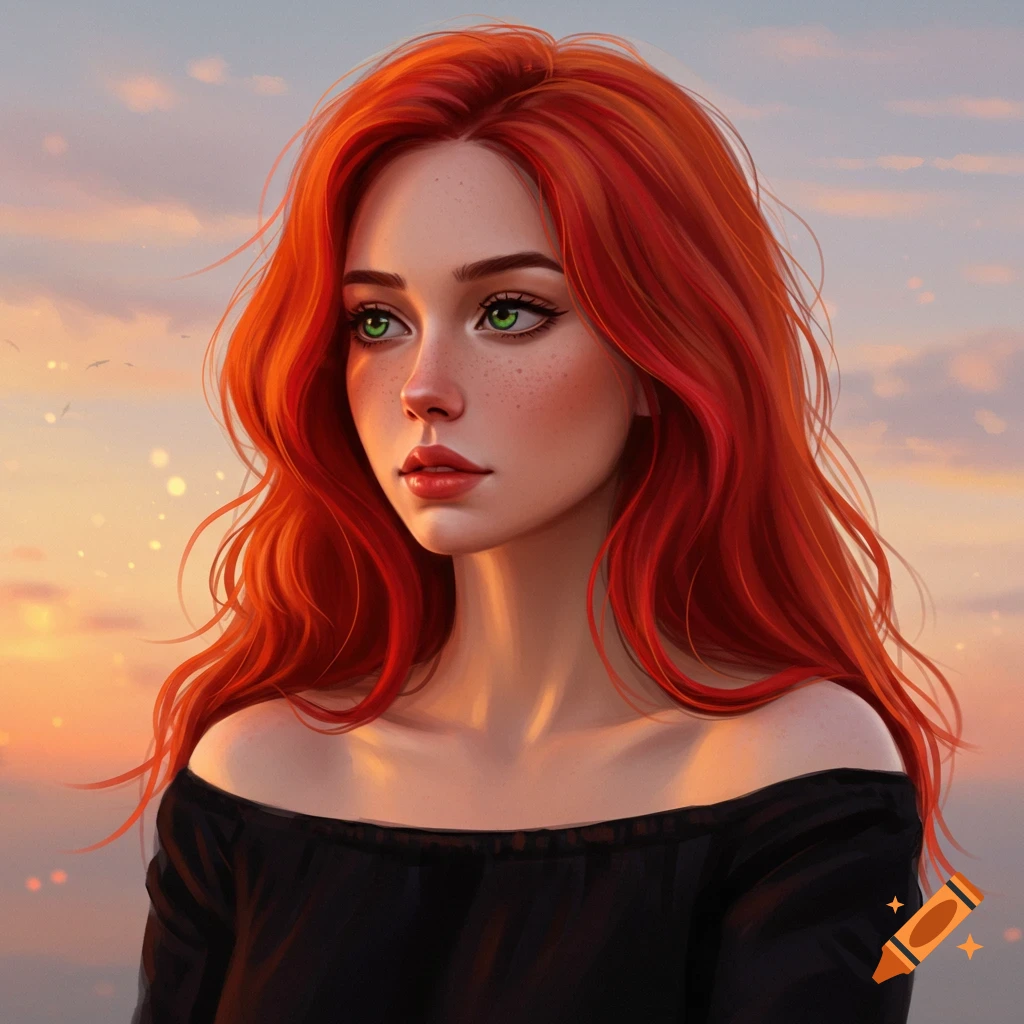 Portrait of a red-haired woman with green eyes against a sunset sky.