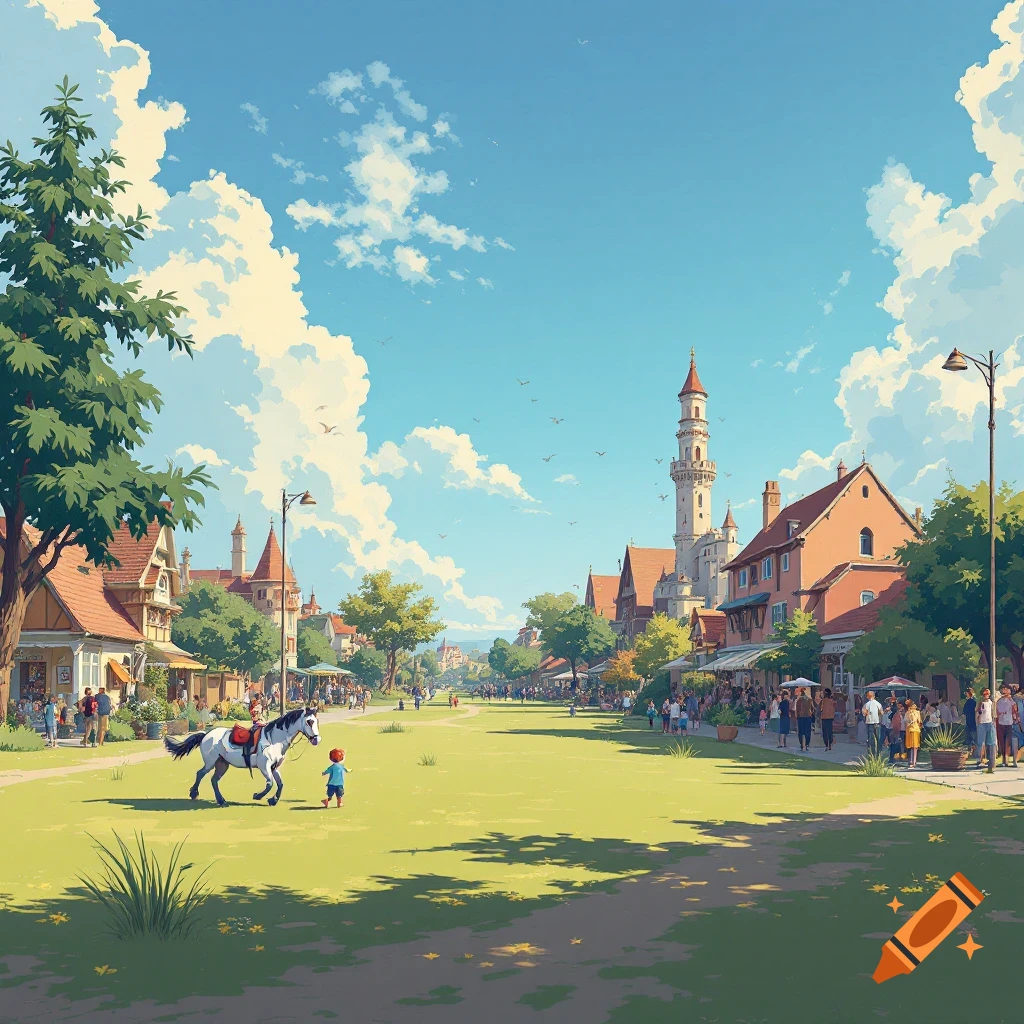 A stylized image of a town square with a large grassy area, buildings, people, a horse, and a tall tower under a blue sky.