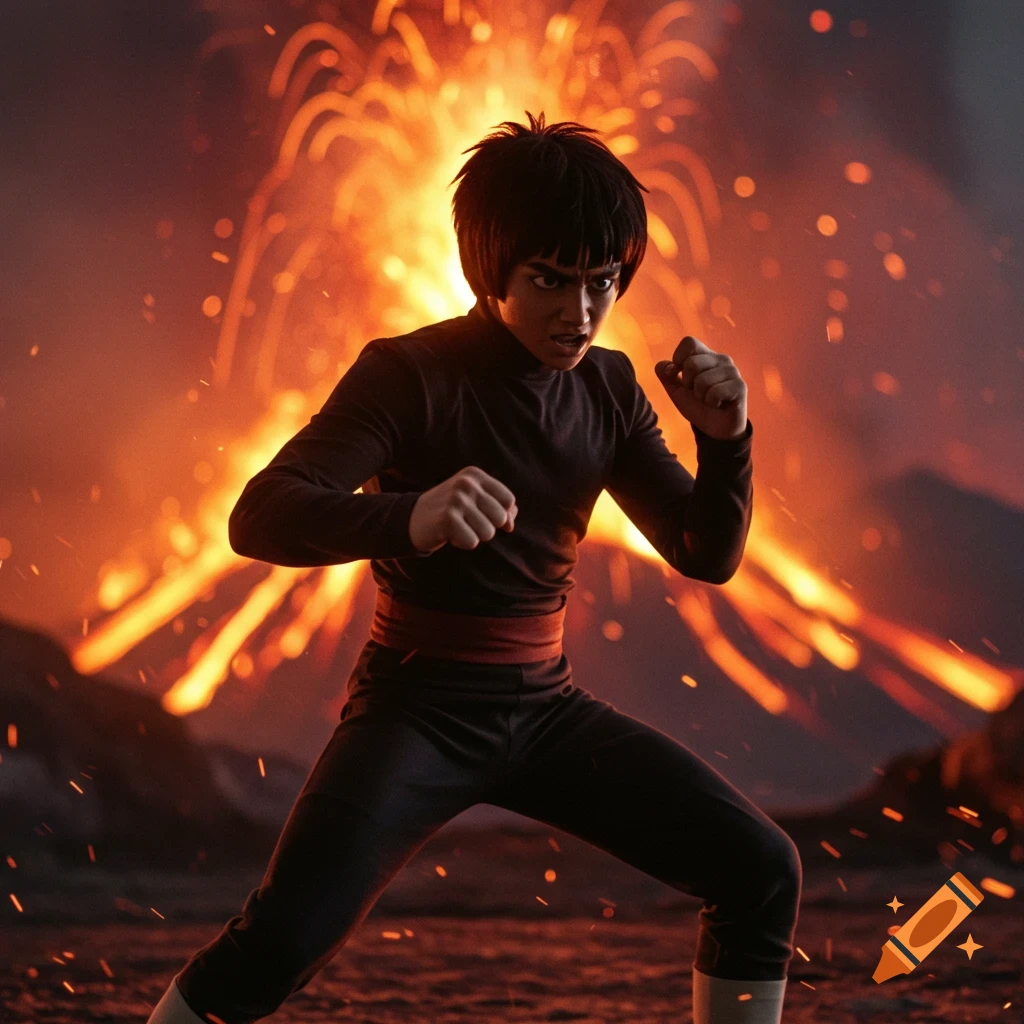 A young person in martial arts gear stands in a fighting pose with an erupting volcano behind them.