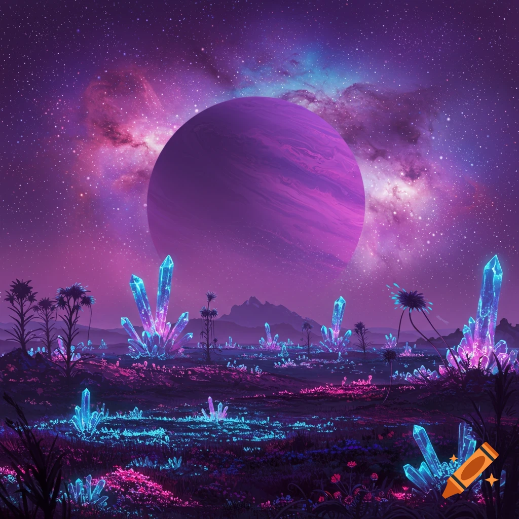 An alien planet landscape with glowing blue and pink crystals, strange plants, and a large purple planet under a starry nebula sky.