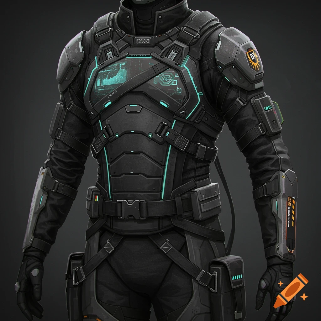 A detailed black sci-fi combat suit with glowing blue and green screens.