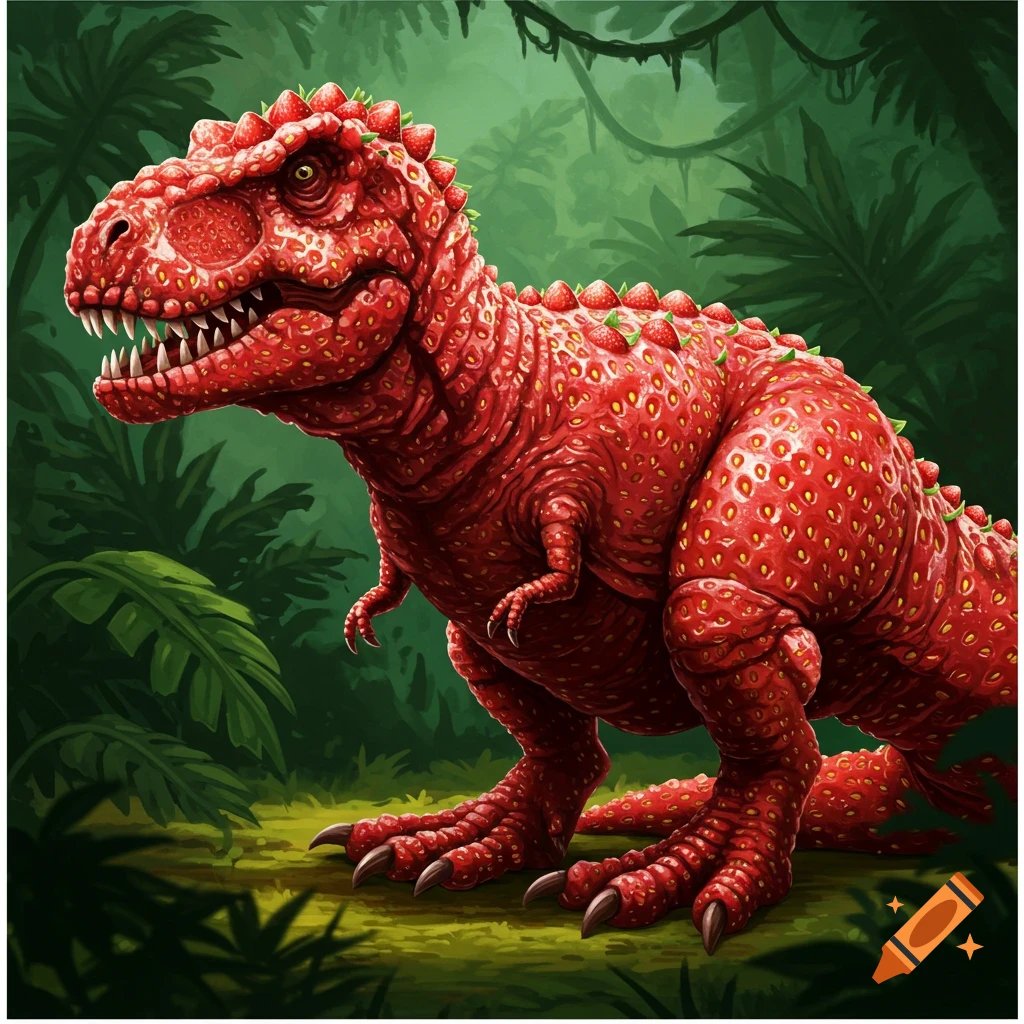 A Tyrannosaurus Rex made of strawberries in a jungle.