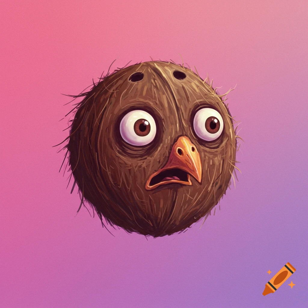 A cartoon coconut with a bird face and a scared expression is depicted on a pink and purple gradient background.