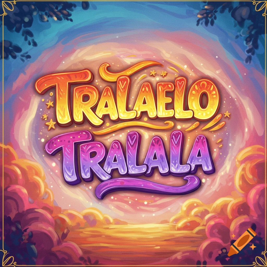 Colorful stylized text "TRALAELO TRALALA" in a vibrant sky.