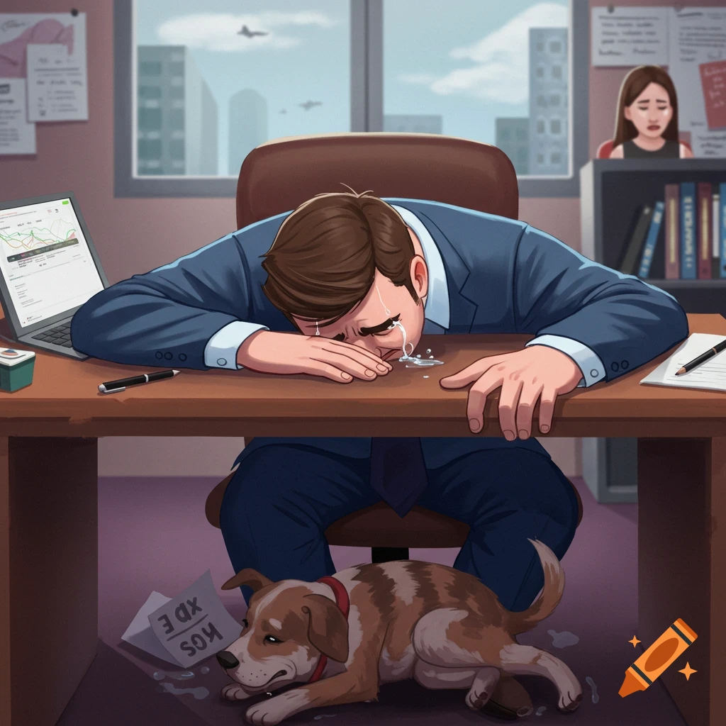 A man cries on his desk in an office with a dog nearby and a woman watching.