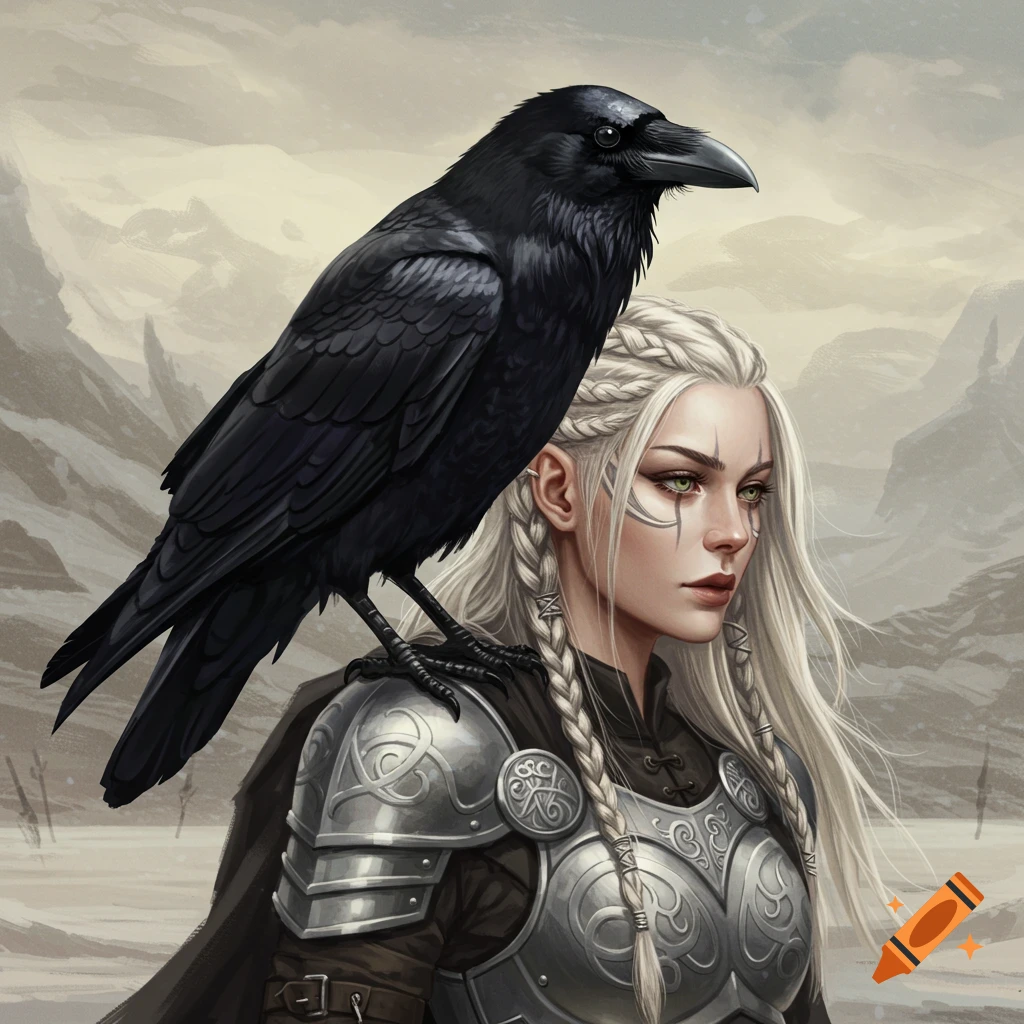 A woman warrior with braided blonde hair and armor, looking right with a raven on her left shoulder in a mountain landscape.