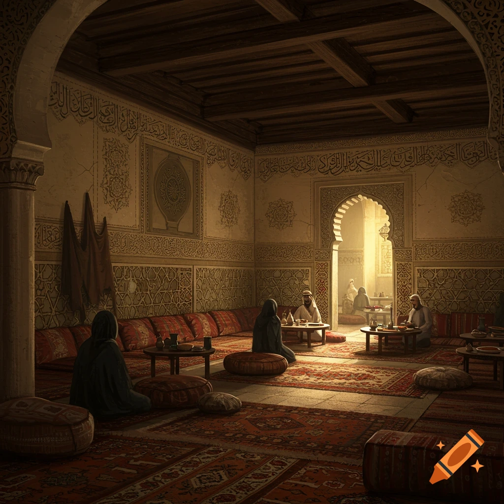 People seated in a richly decorated room with arches, patterned walls, rugs, and warm lighting.