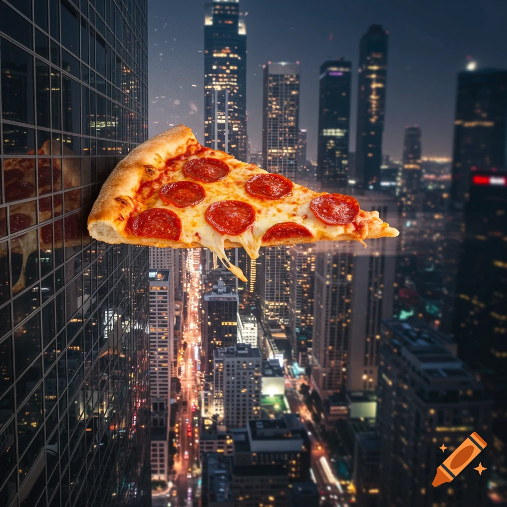 A large slice of pepperoni pizza flies into the side of a skyscraper at night.