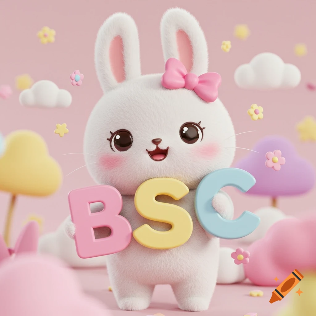 Cute kawaii bunny holding pink B, yellow S, and blue C letters in a pastel scene with clouds and flowers.