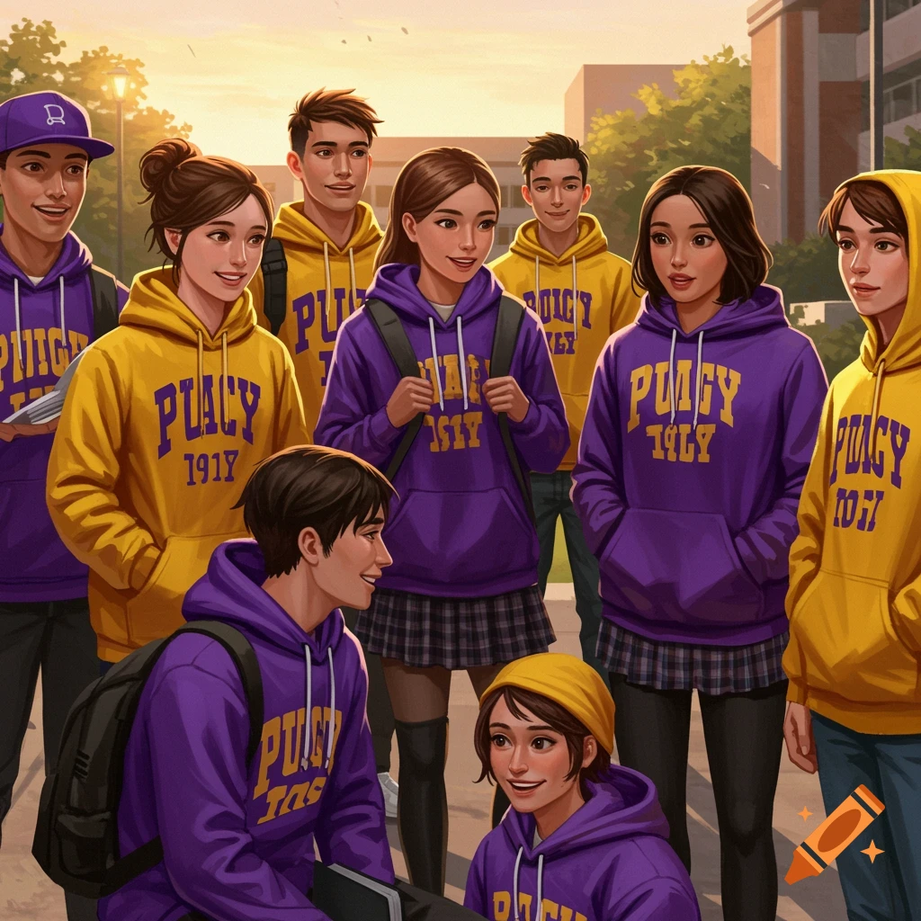 A group of students wearing purple and yellow hoodies on a university campus at sunset.