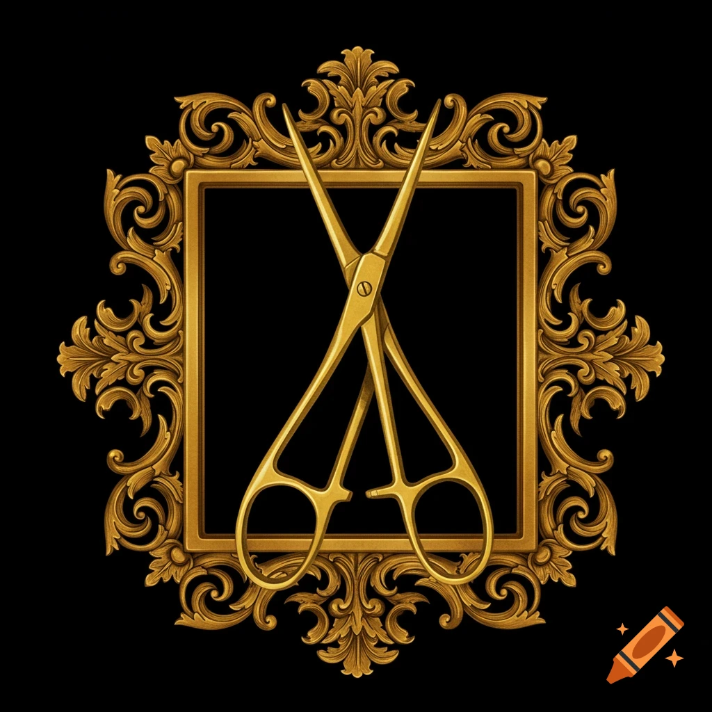 Gold piercing forceps crossed within an ornate gold square Victorian frame on black background.