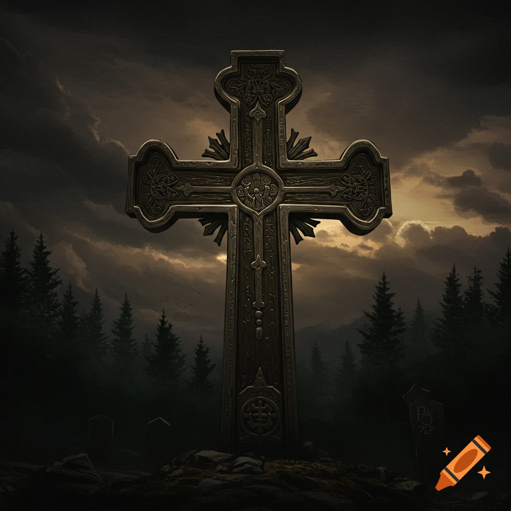 An ornate cross stands in a dark graveyard with ominous clouds.