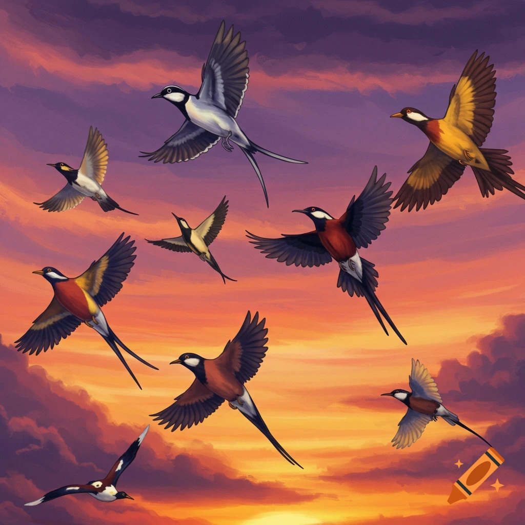 Colorful birds flying against a sunset sky