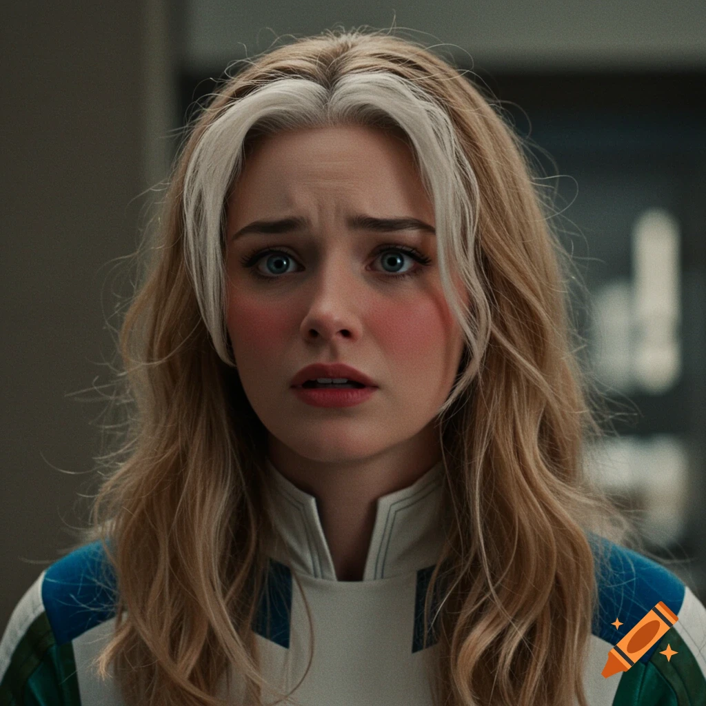 Photorealistic portrait of a young woman with blonde hair and a white streak, blushing and looking concerned.