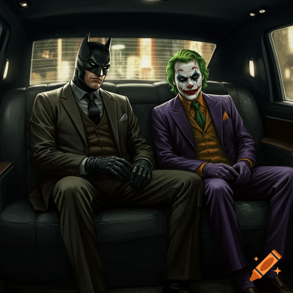 Batman and Joker sitting in the back seat of a limousine.