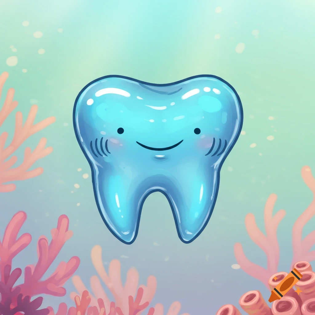 A cute cartoon tooth character is underwater with coral.