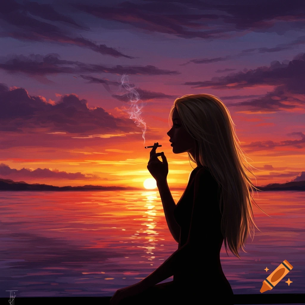 A woman is smoking a cigarette at sunset over water.