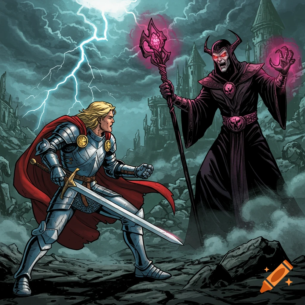 A knight battles a sorcerer in a stormy, ruined landscape.