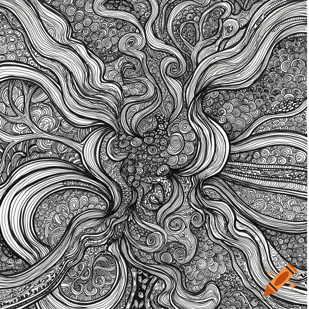 Detailed black and white abstract line art pattern.