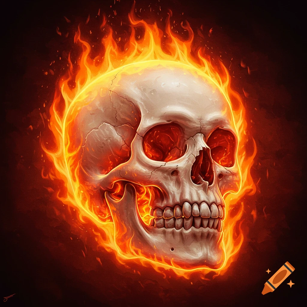 A skull wreathed in intense flames against a dark background.