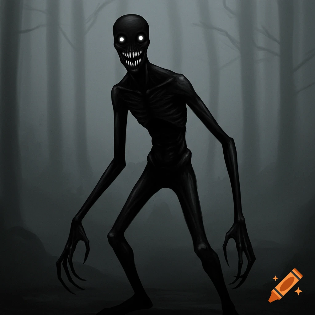 A tall, slender, black creature with glowing eyes and a wide, toothy grin, standing in a foggy forest.