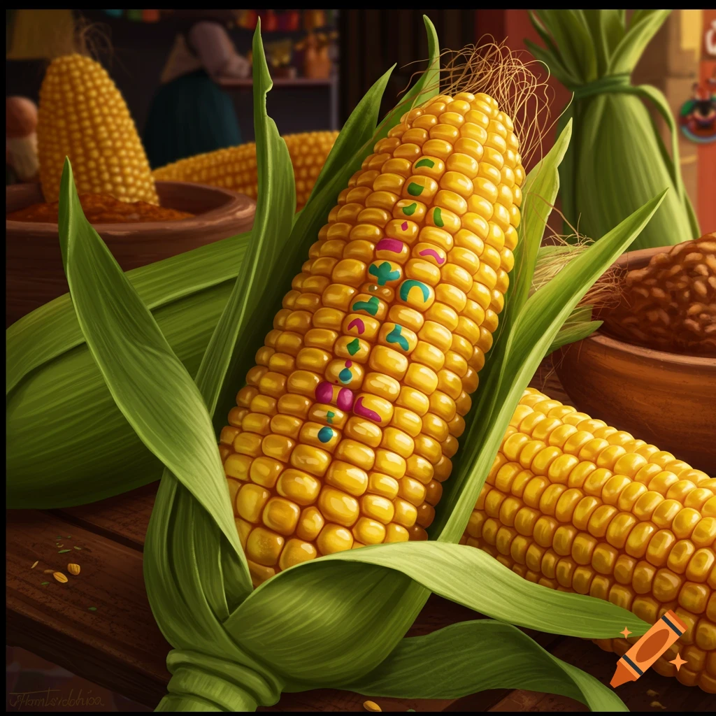 Close-up of ears of corn with colorful patterns on kernels, in a still life setting.