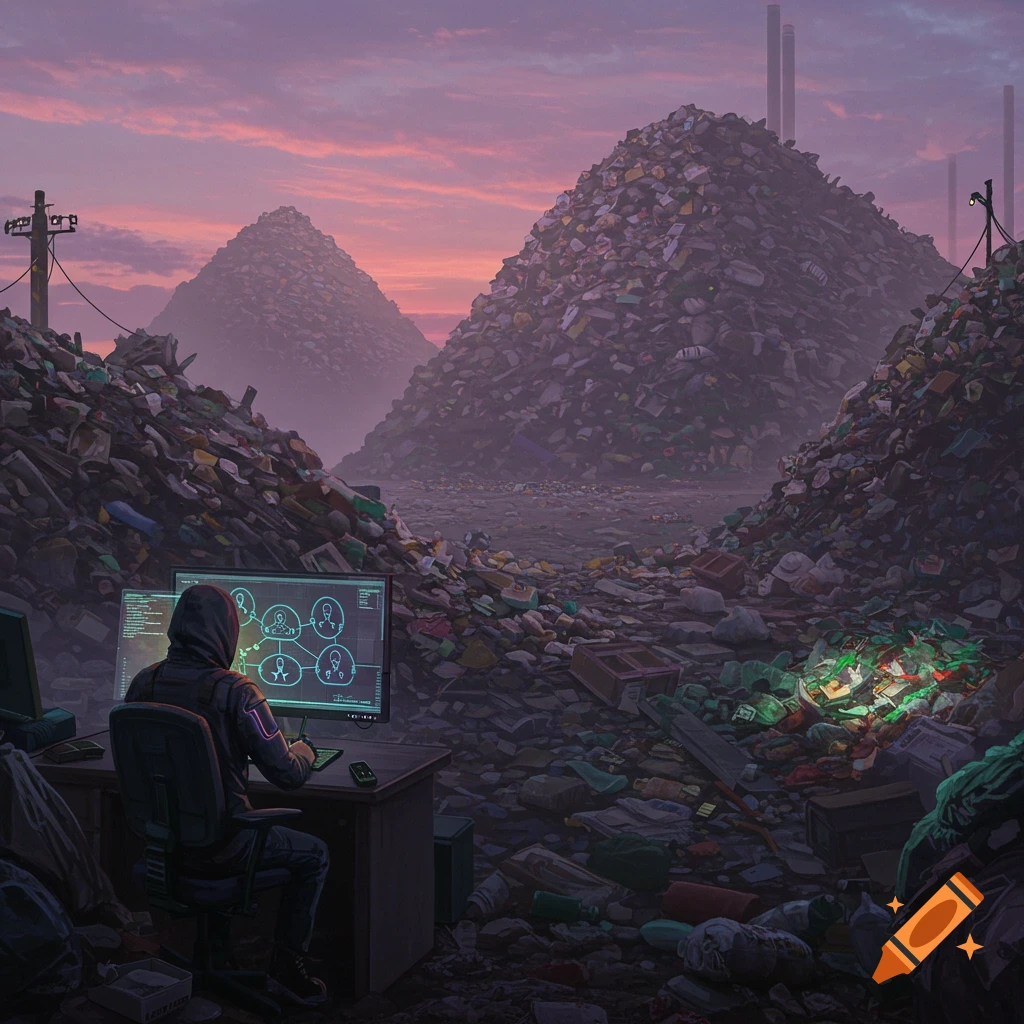 A person sits on a computer in a vast trash dump under a twilight sky.