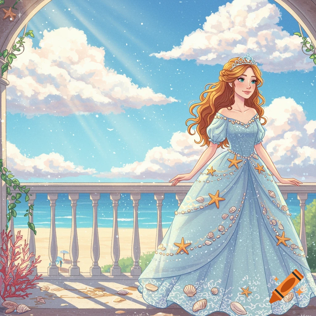 A princess in a blue dress adorned with shells and starfish stands on a balcony overlooking a sunlit beach in a whimsical digital art style.