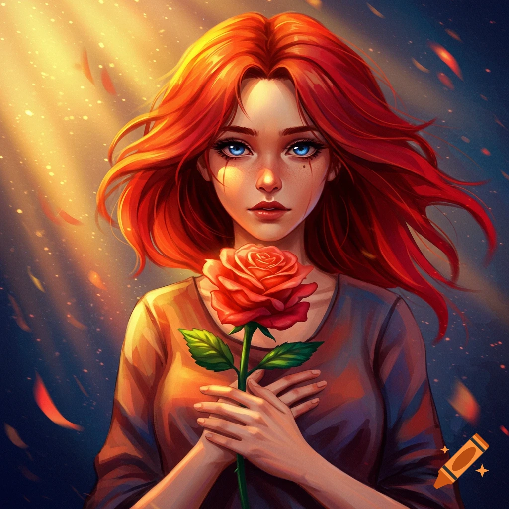 A woman with red hair and blue eyes is holding a rose.