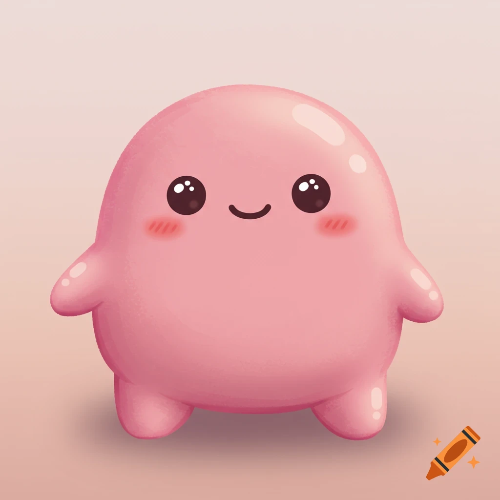A cute pink blob character illustration with round eyes and a smile.