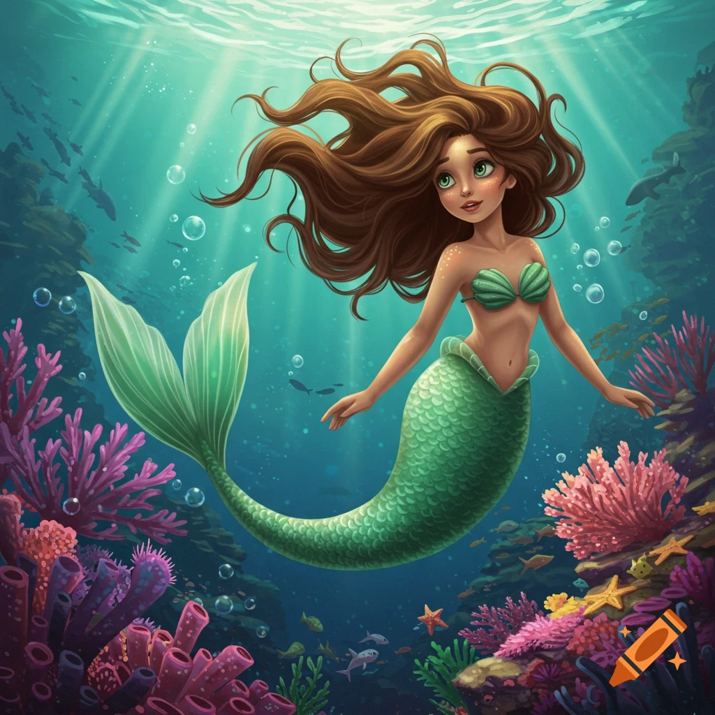 A brown-haired mermaid swimming underwater among coral reefs.
