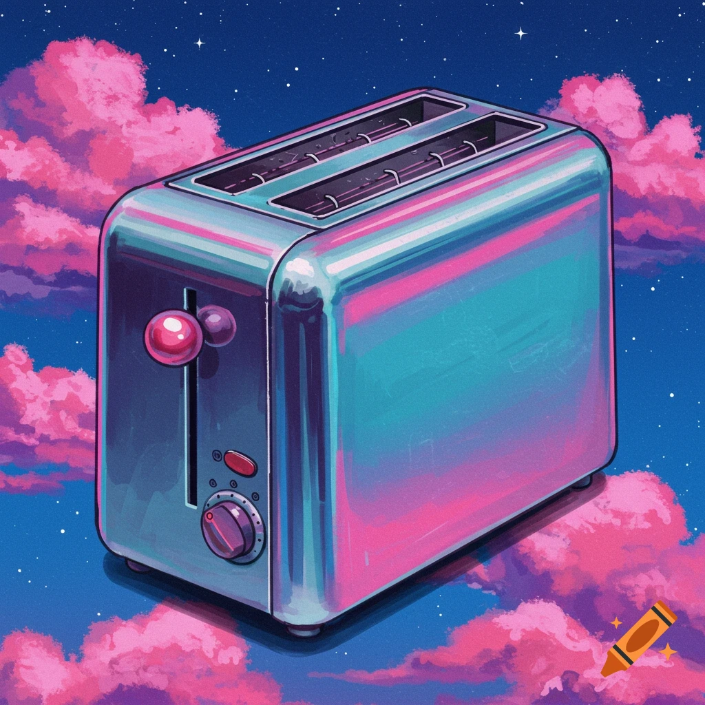A chrome toaster floats among pink clouds in a starry blue sky.