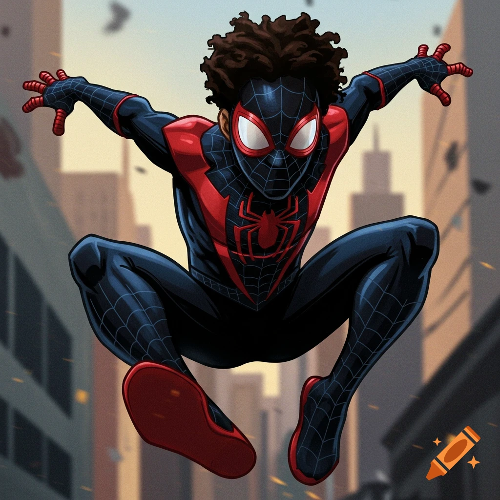 Miles Morales in his Spider-Man suit leaps in the air over a city.