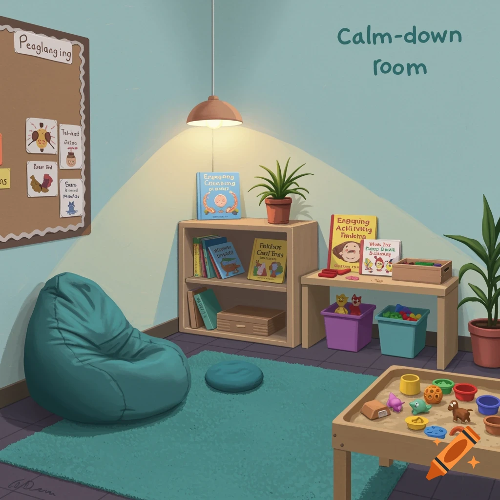 A calm-down room with a beanbag chair, rug, bookshelf, sensory table with toys, and plants.