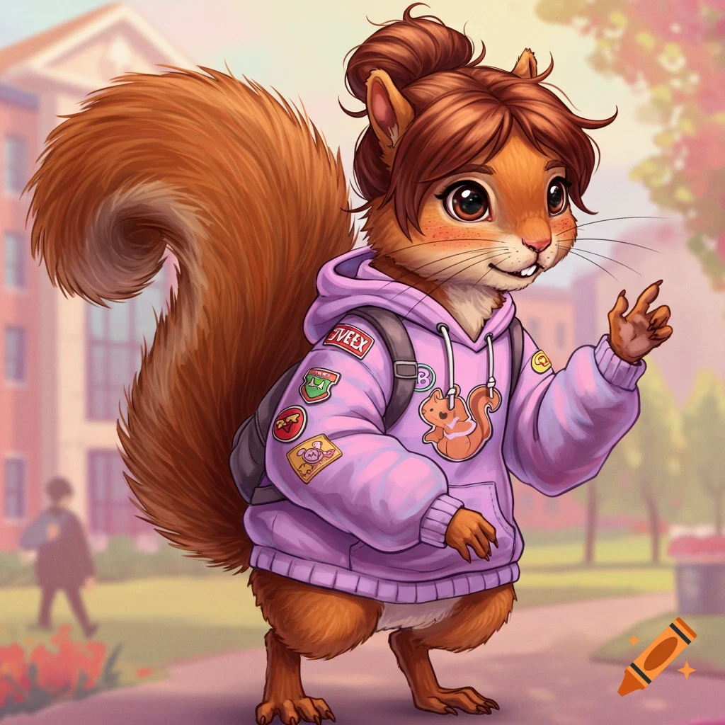 A cute cartoon squirrel wearing a purple hoodie and backpack, standing outside a building.